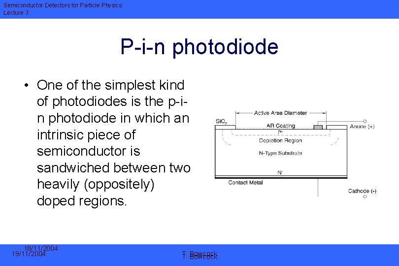 Semiconductor Detectors for Particle Physics: Lecture 3 P-i-n photodiode • One of the simplest