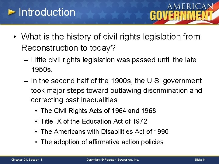 Introduction • What is the history of civil rights legislation from Reconstruction to today?