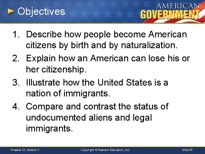Objectives 1. Describe how people become American citizens by birth and by naturalization. 2.