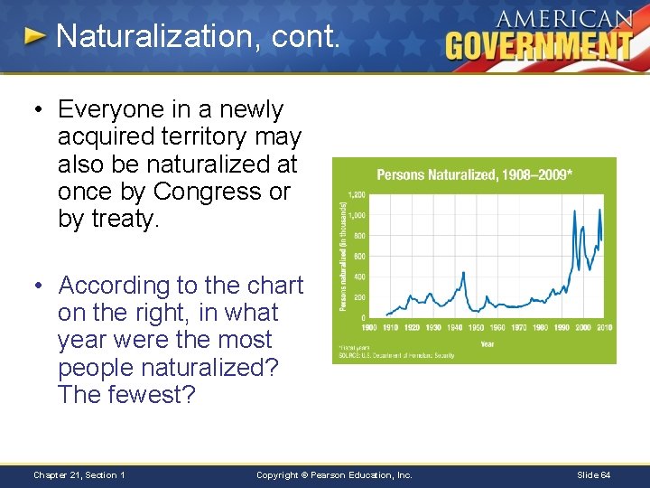 Naturalization, cont. • Everyone in a newly acquired territory may also be naturalized at