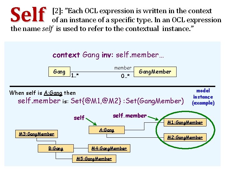 Self [2]: ”Each OCL expression is written in the context of an instance of