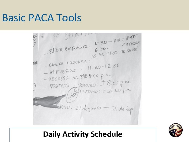 Basic PACA Tools Daily Activity Schedule 
