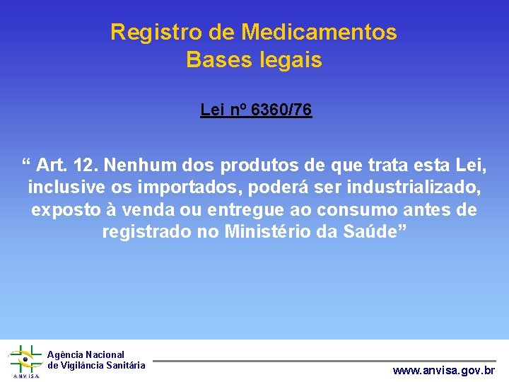 Registro de Medicamentos Bases legais Lei nº 6360/76 “ Art. 12. Nenhum dos produtos