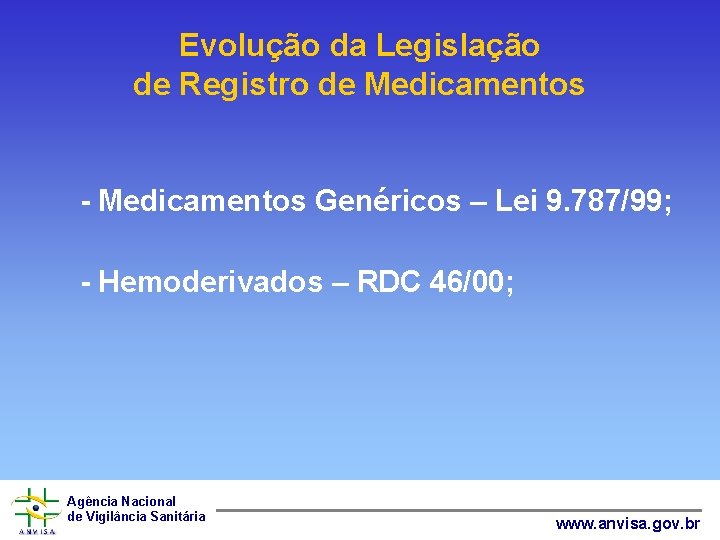 Evolução da Legislação de Registro de Medicamentos - Medicamentos Genéricos – Lei 9. 787/99;