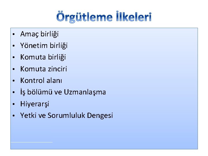  • • Amaç birliği Yönetim birliği Komuta zinciri Kontrol alanı İş bölümü ve