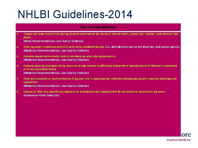 NHLBI Guidelines-2014 Recommendations 1. Inspect the lower extremities during physical examination for active or