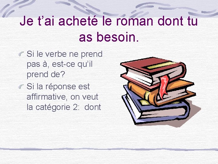 Je t’ai acheté le roman dont tu as besoin. Si le verbe ne prend