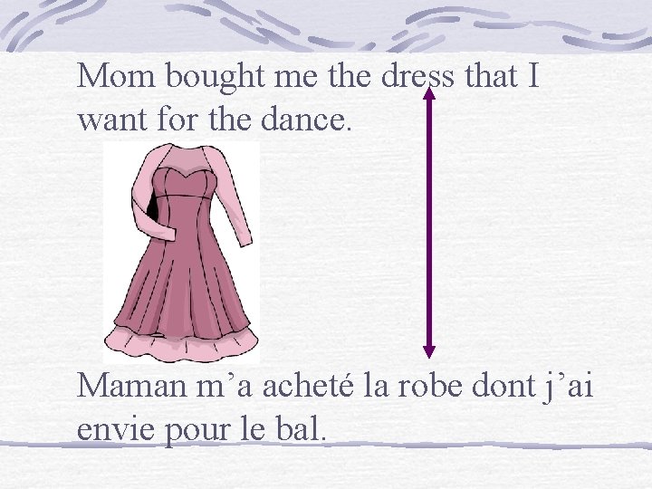 Mom bought me the dress that I want for the dance. Maman m’a acheté