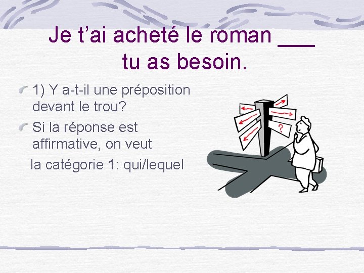 Je t’ai acheté le roman ___ tu as besoin. 1) Y a-t-il une préposition