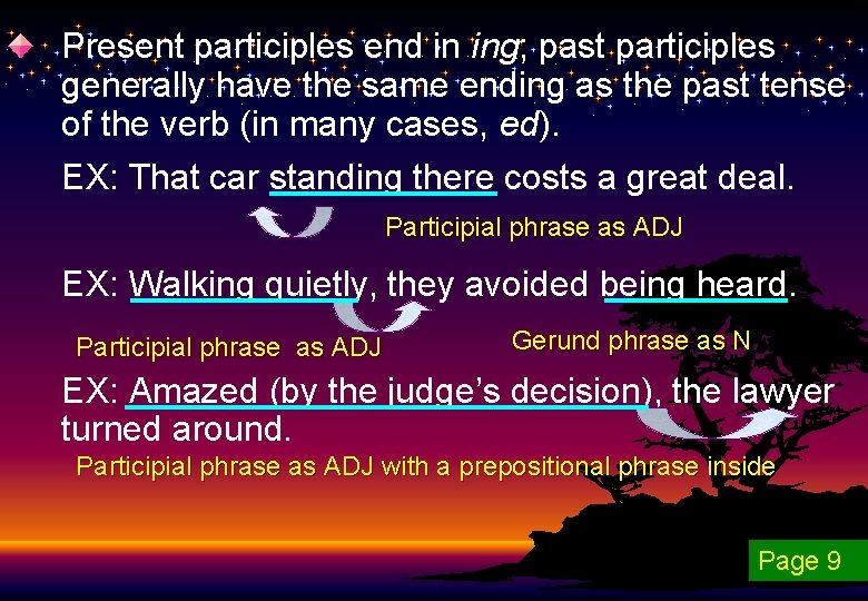 Present participles end in ing; past participles generally have the same ending as the