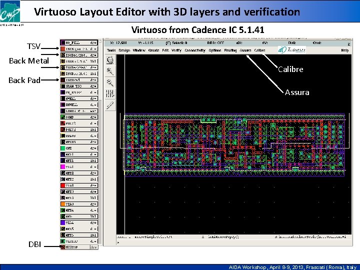 Virtuoso Layout Editor with 3 D layers and verification Virtuoso from Cadence IC 5.