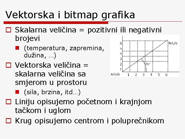 Vektorska i bitmap grafika o Skalarna veličina = pozitivni ili negativni brojevi n (temperatura,