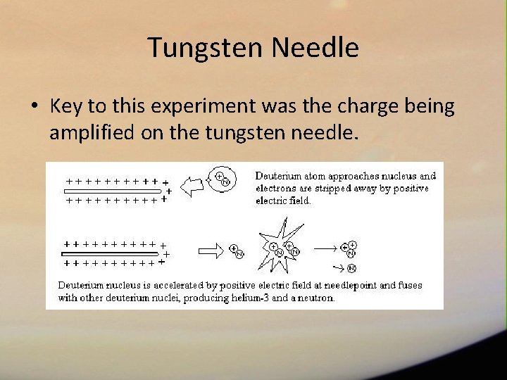 Tungsten Needle • Key to this experiment was the charge being amplified on the