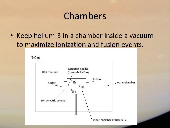 Chambers • Keep helium-3 in a chamber inside a vacuum to maximize ionization and