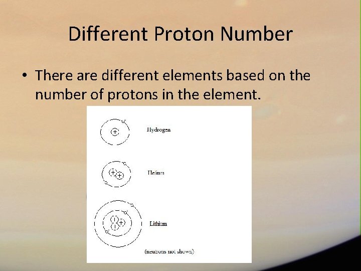 Different Proton Number • There are different elements based on the number of protons