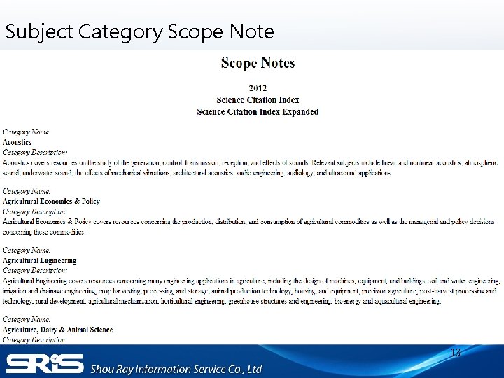 Subject Category Scope Note 13 