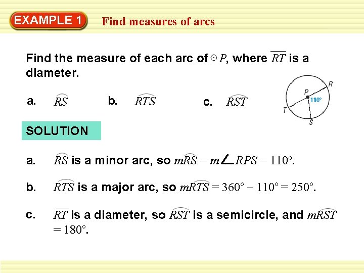 EXAMPLE 1 Find measures of arcs Find the measure of each arc of P,