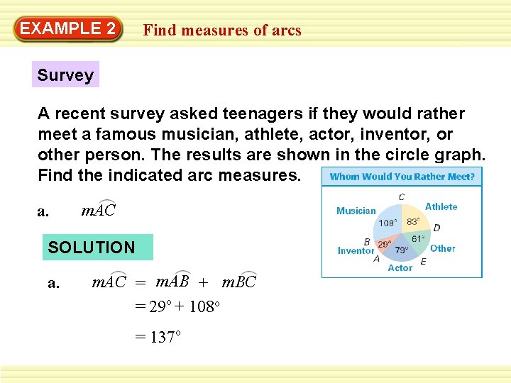 EXAMPLE 2 Find measures of arcs Survey A recent survey asked teenagers if they