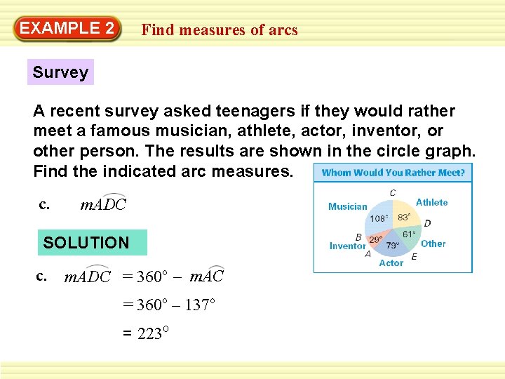 EXAMPLE 2 Find measures of arcs Survey A recent survey asked teenagers if they