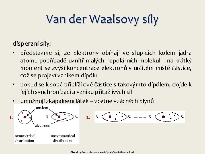 Van der Waalsovy síly disperzní síly: • představme si, že elektrony obíhají ve slupkách