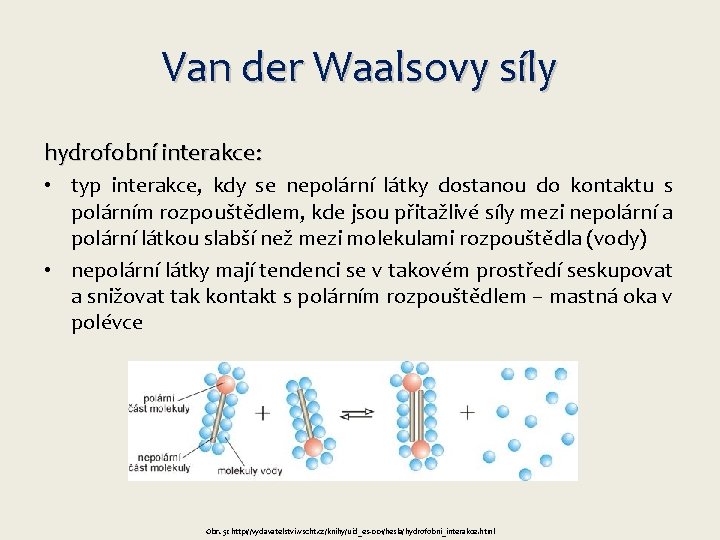 Van der Waalsovy síly hydrofobní interakce: • typ interakce, kdy se nepolární látky dostanou