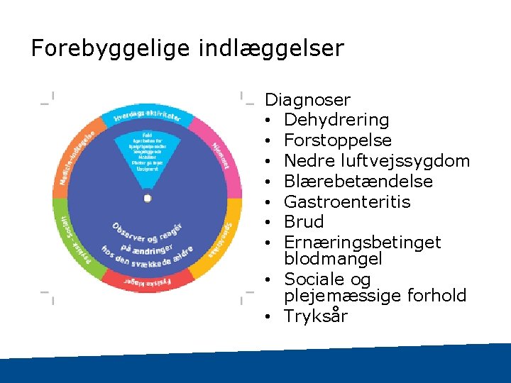 Forebyggelige indlæggelser Diagnoser • Dehydrering • Forstoppelse • Nedre luftvejssygdom • Blærebetændelse • Gastroenteritis