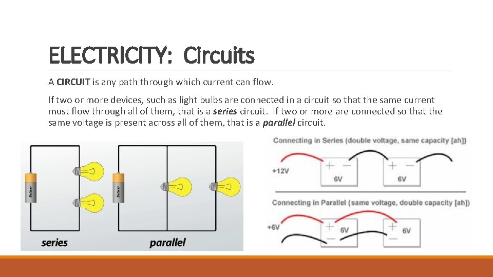 ELECTRICITY: Circuits A CIRCUIT is any path through which current can flow. If two