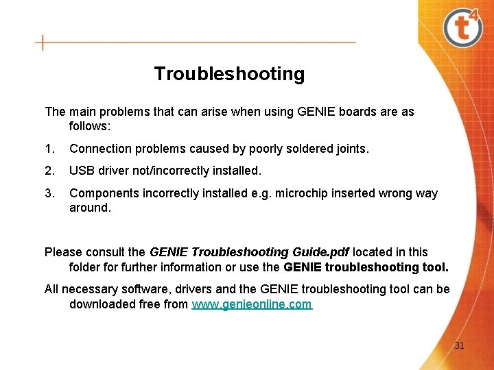 Troubleshooting The main problems that can arise when using GENIE boards are as follows: Troubleshooting The main problems that can arise when using GENIE boards are as follows: