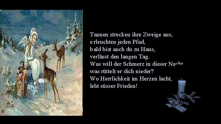 Tannen strecken ihre Zweige aus, e rleuchten jeden Pfad, bald bist auch du zu