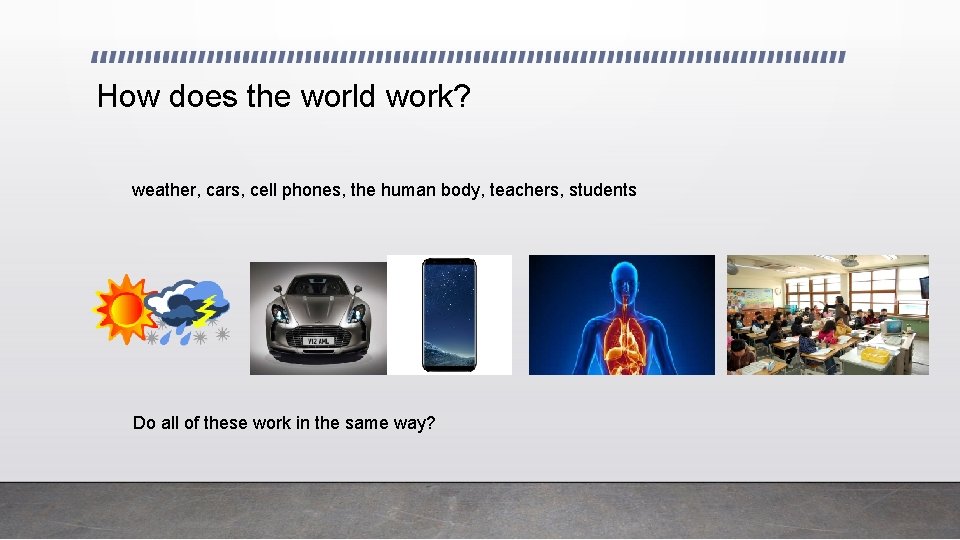 How does the world work? weather, cars, cell phones, the human body, teachers, students