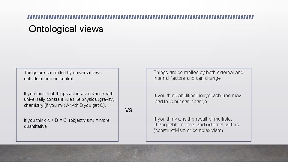 Ontological views Things are controlled by universal laws outside of human control. Things are