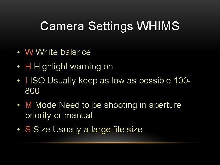 Camera Settings WHIMS • W White balance • H Highlight warning on • I