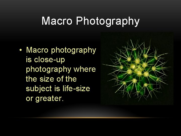 Macro Photography • Macro photography is close-up photography where the size of the subject