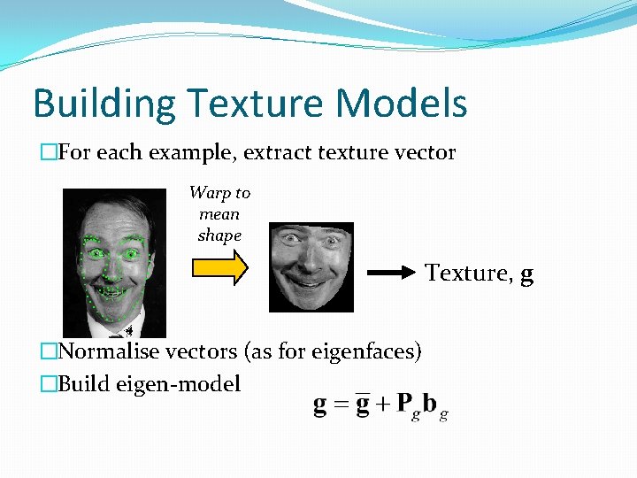 Building Texture Models �For each example, extract texture vector Warp to mean shape Texture,