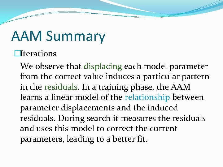 AAM Summary �Iterations We observe that displacing each model parameter from the correct value