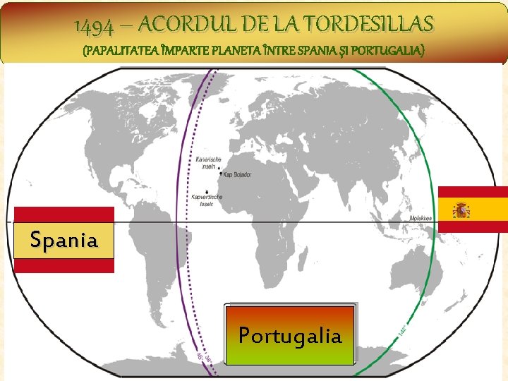 1494 – ACORDUL DE LA TORDESILLAS (PAPALITATEA ÎMPARTE PLANETA ÎNTRE SPANIA ŞI PORTUGALIA) Spania