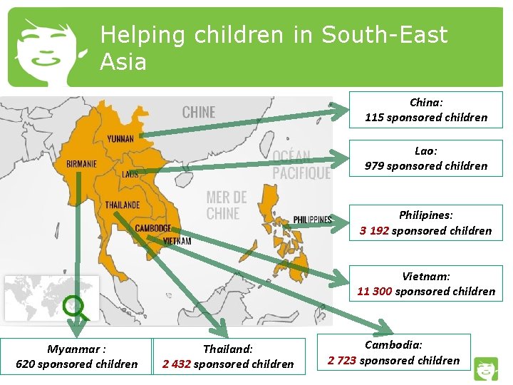 Helping children in South-East Asia China: 115 sponsored children Lao: 979 sponsored children Philipines:
