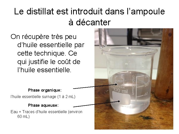 Le distillat est introduit dans l’ampoule à décanter On récupère très peu d’huile essentielle