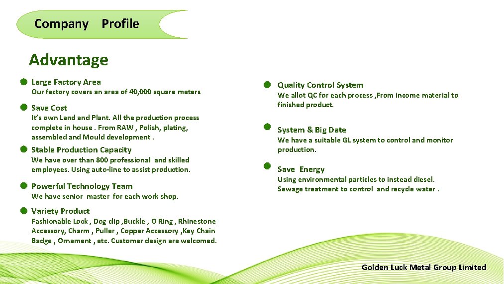 Company Profile Advantage Large Factory Area Our factory covers an area of 40, 000