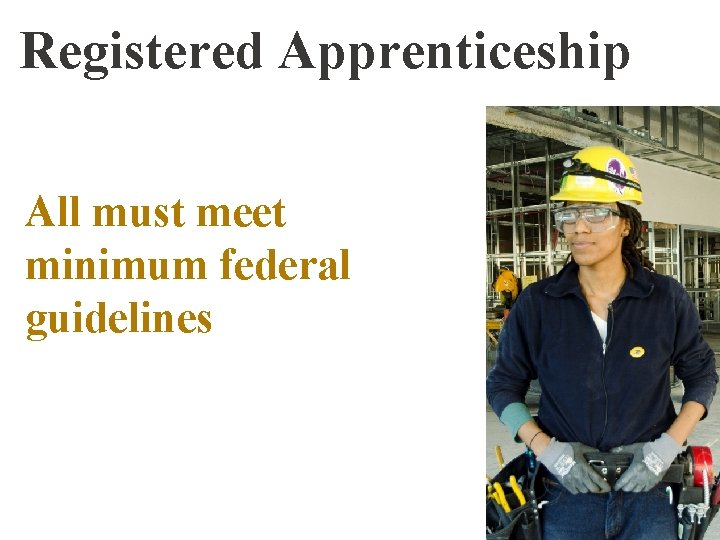 Registered Apprenticeship All must meet minimum federal guidelines 