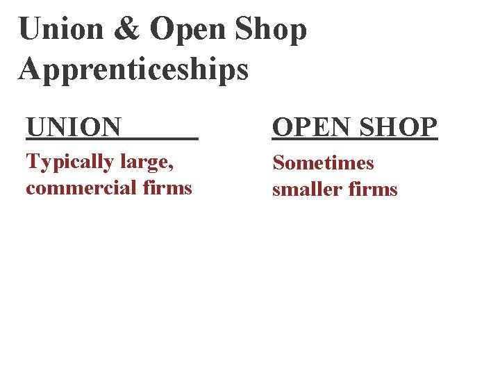 Union & Open Shop Apprenticeships UNION OPEN SHOP Typically large, commercial firms Sometimes smaller