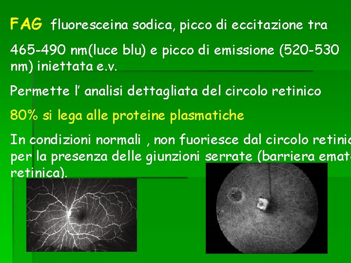 FAG fluoresceina sodica, picco di eccitazione tra 465 -490 nm(luce blu) e picco di