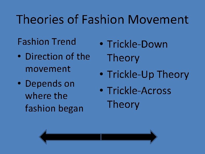 Theories of Fashion Movement Fashion Trend • Trickle-Down • Direction of the Theory movement