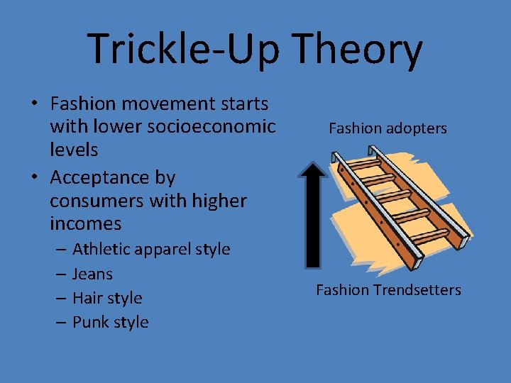 Trickle-Up Theory • Fashion movement starts with lower socioeconomic levels • Acceptance by consumers