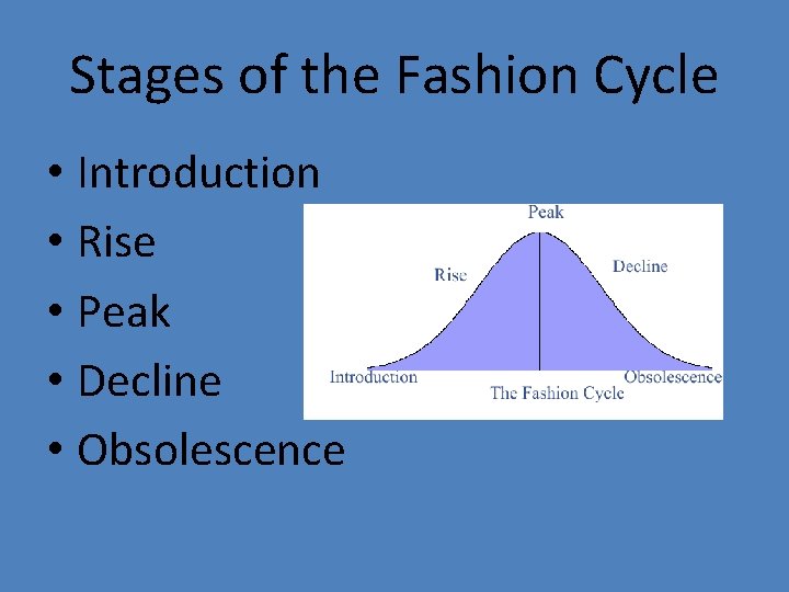 Stages of the Fashion Cycle • Introduction • Rise • Peak • Decline •