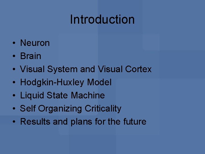 Introduction • • Neuron Brain Visual System and Visual Cortex Hodgkin-Huxley Model Liquid State