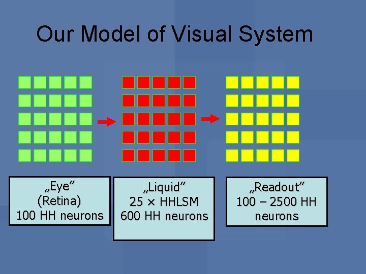 Our Model of Visual System „Eye” (Retina) 100 HH neurons „Liquid” 25 × HHLSM