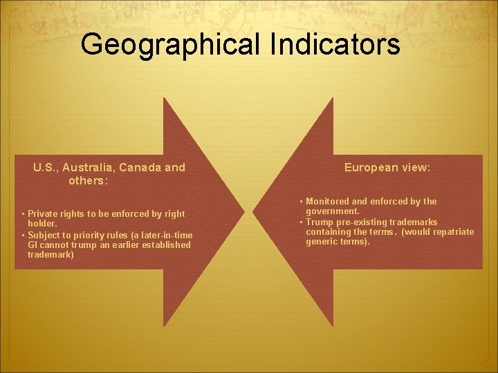 Geographical Indicators U. S. , Australia, Canada and others: • Private rights to be