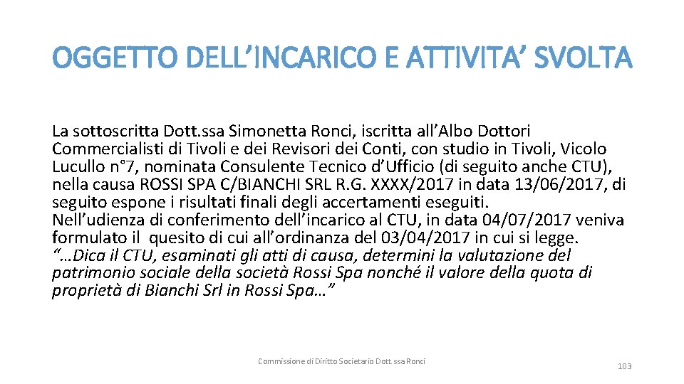 OGGETTO DELL’INCARICO E ATTIVITA’ SVOLTA La sottoscritta Dott. ssa Simonetta Ronci, iscritta all’Albo Dottori