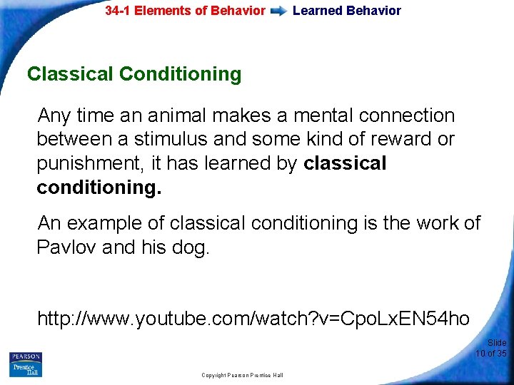 34 -1 Elements of Behavior Learned Behavior Classical Conditioning Any time an animal makes